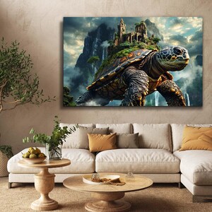 Majestic mountain turtle in an enchanted landscape on tempered glass