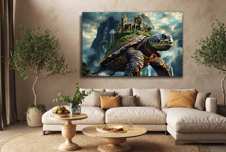 Majestic mountain turtle in an enchanted landscape on tempered glass