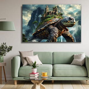 Majestic mountain turtle in an enchanted landscape on tempered glass