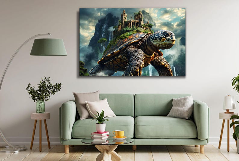 Majestic mountain turtle in an enchanted landscape on tempered glass