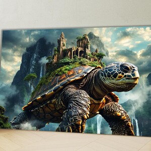 Majestic mountain turtle in an enchanted landscape on tempered glass