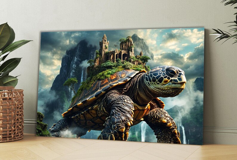 Majestic mountain turtle in an enchanted landscape on tempered glass