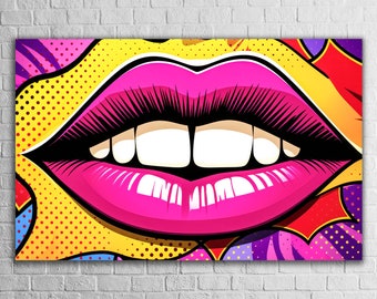 Arte pop cómico, arte de pared de lápiz labial, impresión de vidrio templado, maquillaje vibrante, estilo retro, decoración moderna, labios audaces, obras de arte de moda, diseño de moda