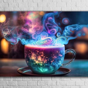 Latte in Magical Galaxy Cup Wall Art, Vivid Tempered Glass Print, Colorful Steam Rising From Cup, Surreal Coffee Painting