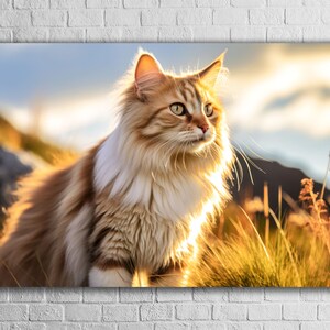 Golden Mane Majestic Cat Painting, Tempered Glass Wall Art, Adult Long Haired Animal Print, African Safari Decor, Sunlight Bright Background