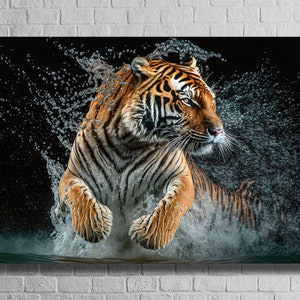 Tiger in Water Wall Art, Tempered Glass Home Decoration, Living Room Wild Animal Painting, Modern Gift