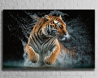 Tiger in Water Wall Art, Tempered Glass Home Decoration, Living Room Wild Animal Painting, Modern Gift