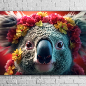 Cute Koala with Flowers, Tempered Glass Print Wall Art, Modern Home Decoration, Perfect for Living Room, Unique Gift