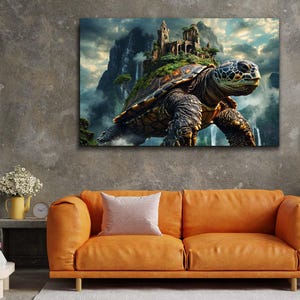 Majestic mountain turtle in an enchanted landscape on tempered glass