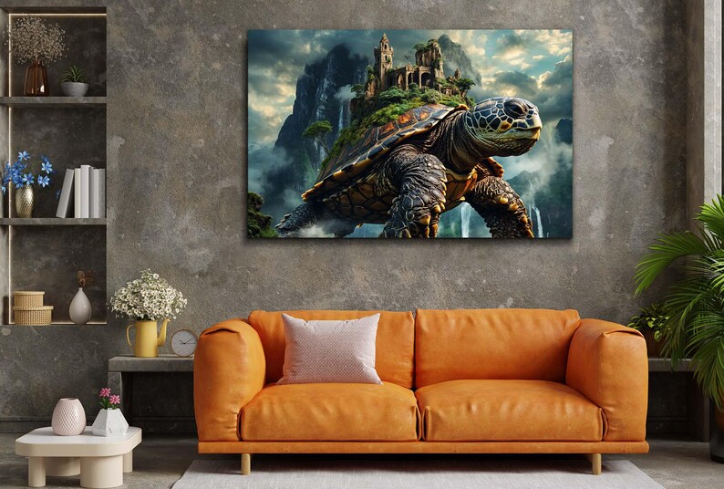 Majestic mountain turtle in an enchanted landscape on tempered glass