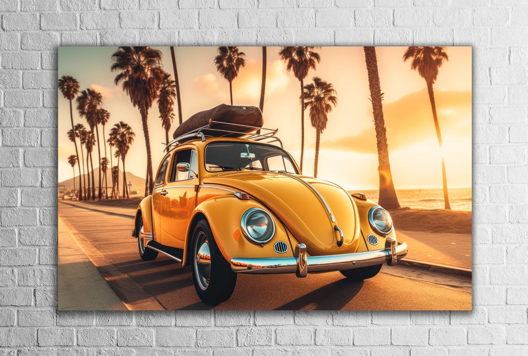 Yellow VW Beetle Wall Art, Large, Sunset Car Tempered Glass Print