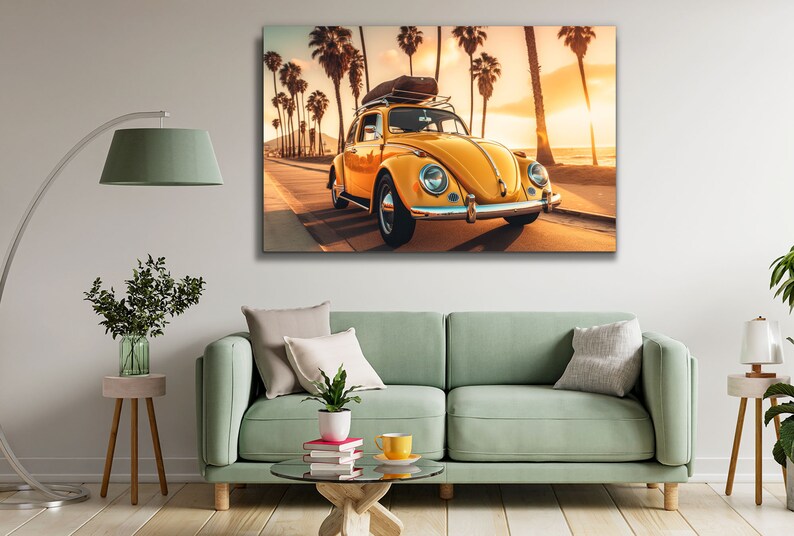 Yellow VW Beetle Wall Art Large Sunset Car Tempered Glass Etsy