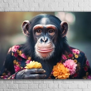 Chimp with Flower in Hand Tempered Glass Wall Art - Unique Animal Print Home Decor - Perfect Gift for Wildlife Lovers
