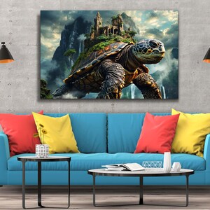 Majestic mountain turtle in an enchanted landscape on tempered glass