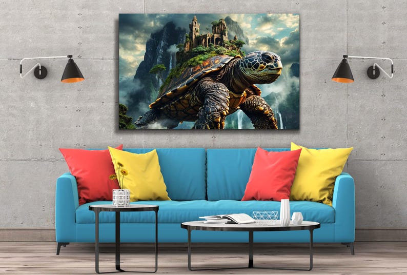 Majestic mountain turtle in an enchanted landscape on tempered glass