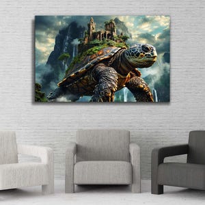 Majestic mountain turtle in an enchanted landscape on tempered glass