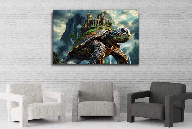 Majestic mountain turtle in an enchanted landscape on tempered glass