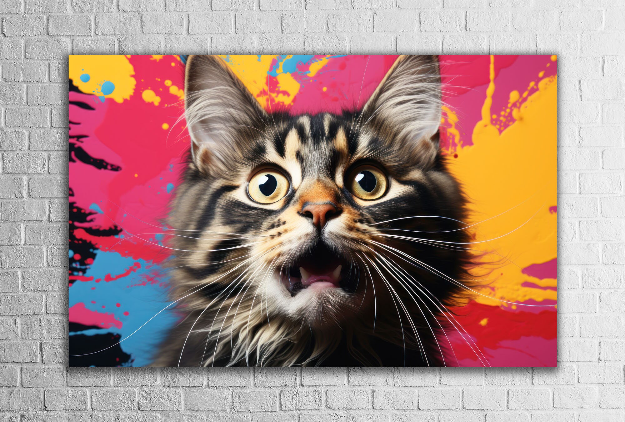 Colorful Pop Art Kitten Screaming Wall Art, Tempered Glass Print, Bold and Energetic Artwork for Cat Lovers and Modern Interiors
