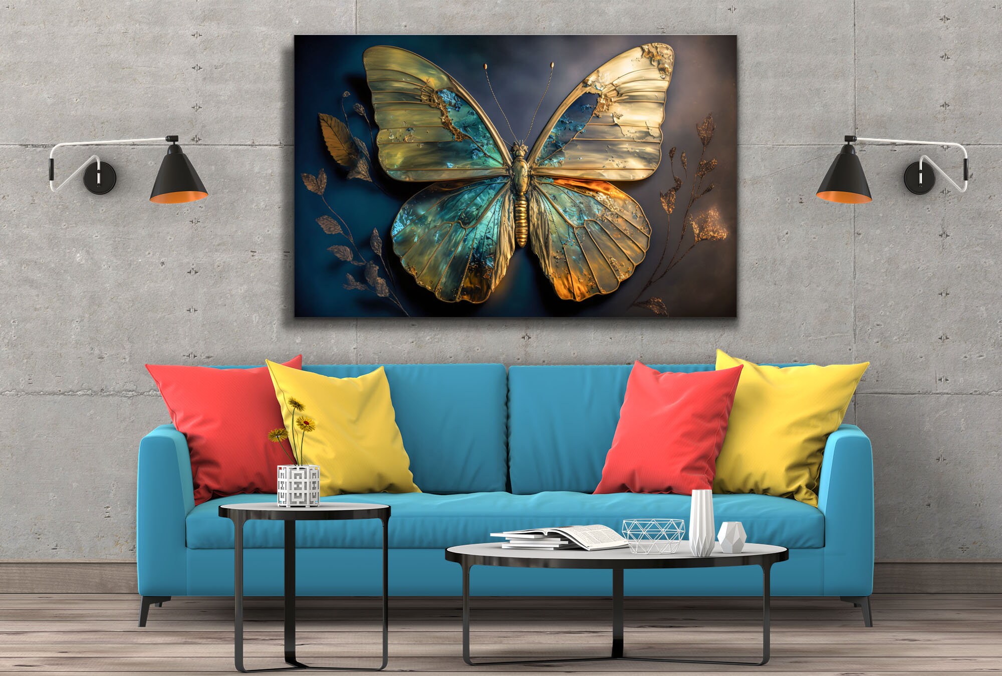 Golden Abstract Butterfly Wall Art, Tempered Glass Home Decoration