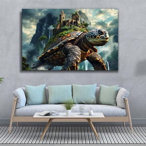 Majestic mountain turtle in an enchanted landscape on tempered glass
