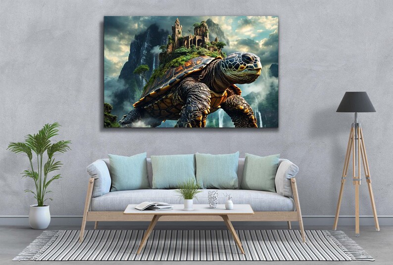 Majestic mountain turtle in an enchanted landscape on tempered glass
