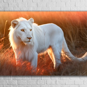 White Albino Lion Art, Tempered Glass Wall Print, Majestic Wildlife Decor, Modern Safari Design, Elegant Animal Portrait, Unique Gift