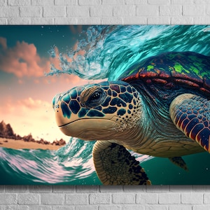 Turtle in Ocean Wall Art, Tempered Glass Print Home Decoration, Modern Housewarming Gift