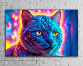 Arte mural de gato neón, impresión de vidrio templado con un animal místico, decoración mágica para el hogar, regalo único