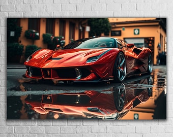 Red Ferrari Wall Art, Large, Vivid Tempered Glass Home Decoration, Luxury Car, Housewarming Gift