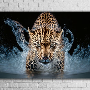 Leopard in Water Tempered Glass Wall Art, Home Decoration, Wild Animals Painting, Big Cats, Housewarming Gift