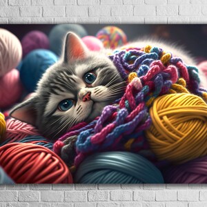 Kitty in Colorful Yarn Tempered Glass Wall Art, Cute Cat Tangled in Colored Balls, Playful Kitten, Craft Room Decoration, Unique Gift