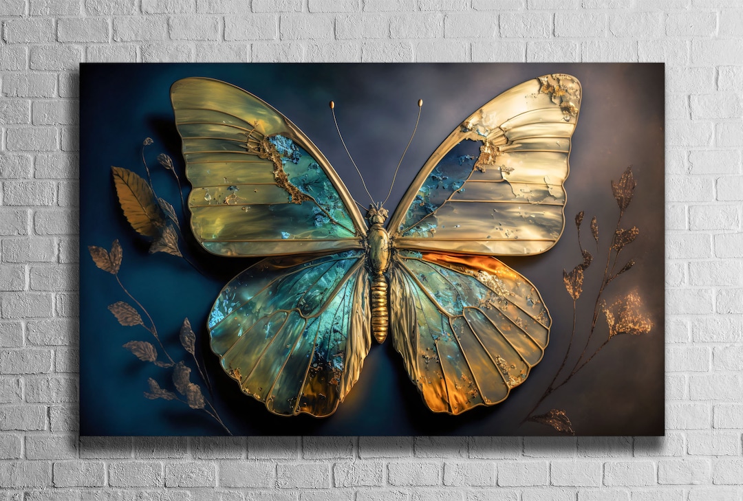 Golden Abstract Butterfly Wall Art, Tempered Glass Home Decoration