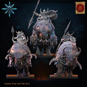 May include: A collection of miniature figurines depicting warriors riding horned beasts. The warriors are armed with spears and shields. The figurines are gray and appear to be made of plastic. The text "Warriors of the Dark Gods Vol. 2" is visible at the bottom.