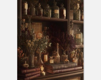 Mystieke heks apotheker kamer kunst aan de muur print - gotisch botanisch decor, Dark Academia Home decor, betoverende tarot en drankje fles kunst