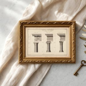Puede incluir: Un marco dorado ornamentado rectangular que contiene una impresión arquitectónica en blanco y negro de tres columnas clásicas titulada Orders of Architecture. La impresión muestra ilustraciones detalladas de capiteles y fustes de columnas.