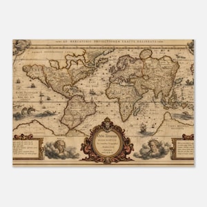 Impression antique de projection de Mercator de carte du monde | Art mural cartographique vintage