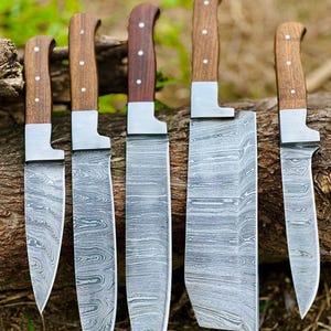 Handmade Damascus Steel Kitchen Knife Set: 5-Piece Chef Knives with Wooden Handles Silver pin