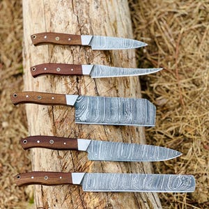 Handmade Damascus Steel Kitchen Knife Set6 pic  Chef Knives with Wooden Handles lather sheet