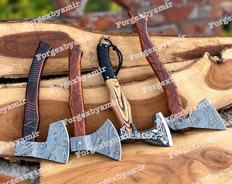 Juego de hachas artesanales estilo vikingo, acero de Damasco, mango de madera grabado, funda de cuero (juego de 4)