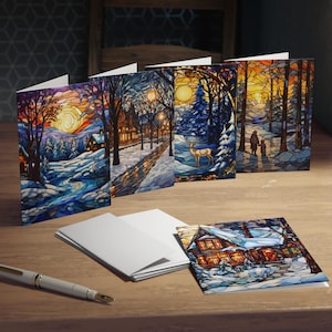 Winter Stain Glass Cards, Holiday Greeting Card Set, Christmas Card Pack, Festive Seasonal Stationery, Snowy Landscape Note Cards