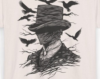 Maglietta da uomo gotica misteriosa, cappello a cilindro Dark Academia, estetica vintage grafica xilografica Crow Raven, moda alternativa horrorcore goth grunge