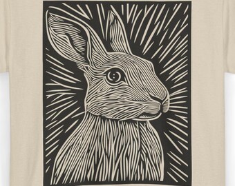 Vintage Rabbit Linocut Shirt, Woodland Hare Bunny T-Shirt, Forestcore Nature Tee Cottagecore Cool Animal Shirt Gift for Nature Rabbit Lovers