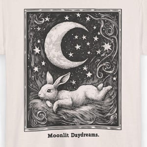 Himmlisches Häschen-Shirt, Halbmond und Sterne Kaninchen-T-Shirt, Cottagecore Forestcore Ästhetik-T-Shirt, Fairycore Mondkunst-verträumtes Tier-Shirt