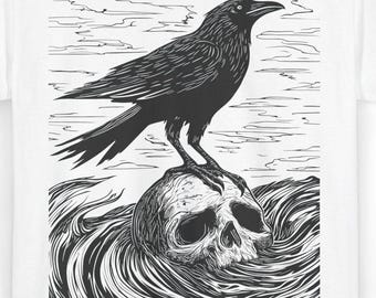 Gothic Raven and Skull Shirt Dark Academia Crow Art Tee, Vintage Woodcut Illustration, Literary Gothic Bookish Fashion, Edgar Allan Poe Gift