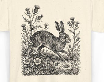 Running Rabbit Botanical Vintage T-shirt, Woodland Bunny Naturecore-T-shirt, Forest Animal-shirt, Cottagecore-cadeau voor haar of hem