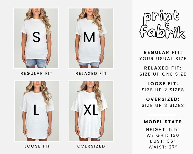 Może przedstawiać: Biały t-shirt z nadrukiem litery "S", noszony przez modelkę. Obraz zawiera r&oacute;wnież tabele rozmiar&oacute;w dla luźnych, luźnych i powiększonych kroj&oacute;w, a także statystyki modelki: wzrost 165 cm, waga 59 kg, biust 91 cm, talia 69 cm. Widoczna jest r&oacute;wnież nazwa marki "print & fabrik".