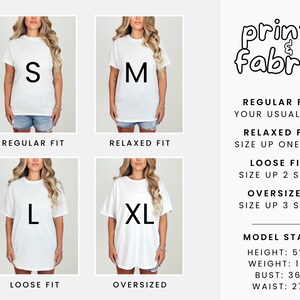 May include: A white t-shirt with the letter "S" printed on it, worn by a model. The image also shows size charts for relaxed, loose, and oversized fits, along with model stats: height 5'5", weight 130 lbs, bust 36", waist 27". The brand name "print & fabrik" is also visible.