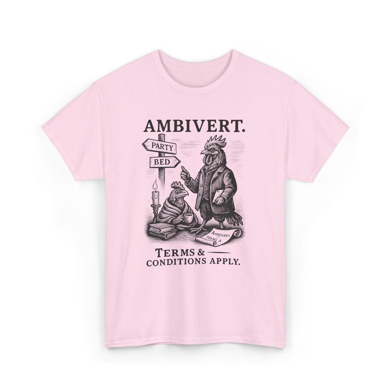 Ambivert Rooster Shirt Funny Introvert Tee Vintage Animal Graphic Shirt Victorian Style Attitude Personality T-Shirt Quirky Social Humor Art Light Pink