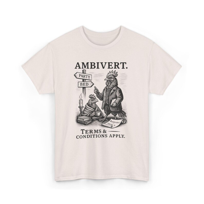 Ambivert Rooster Shirt Funny Introvert Tee Vintage Animal Graphic Shirt Victorian Style Attitude Personality T-Shirt Quirky Social Humor Art Ice Grey