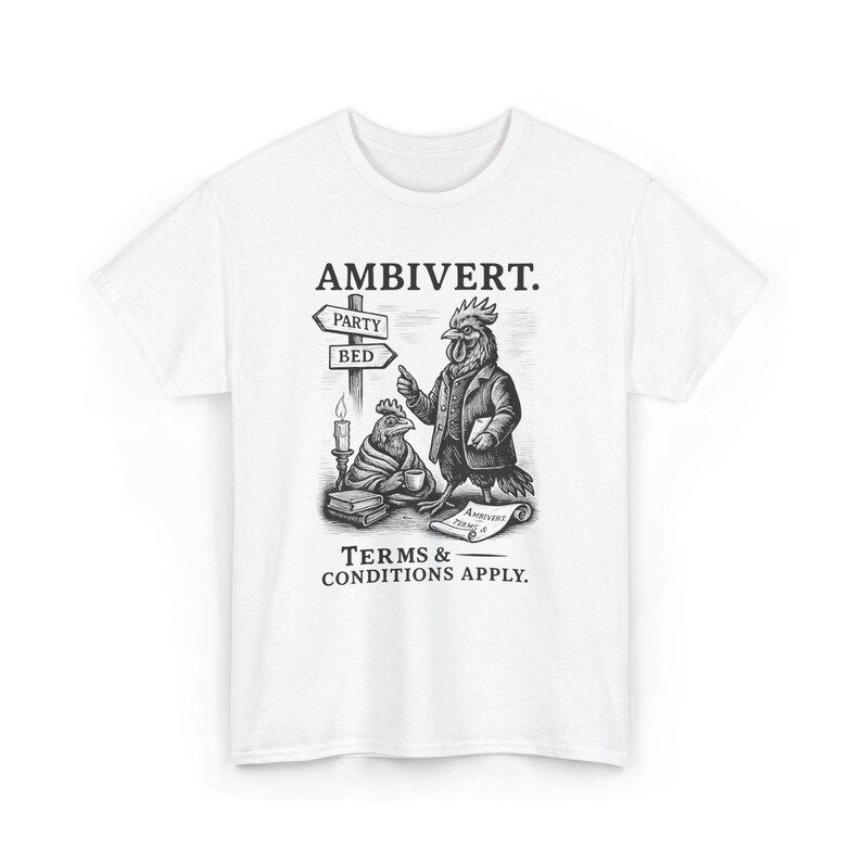 Ambivert Rooster Shirt Funny Introvert Tee Vintage Animal Graphic Shirt Victorian Style Attitude Personality T-Shirt Quirky Social Humor Art White
